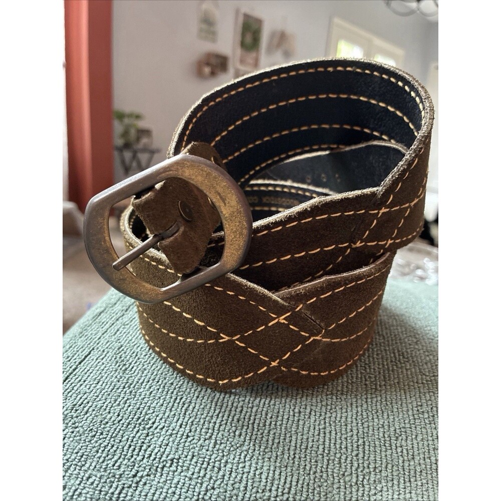 Vintage TEX TAN “Woodstock” Belt Brushed Cowhide Leather Antique Gold Buckle 38